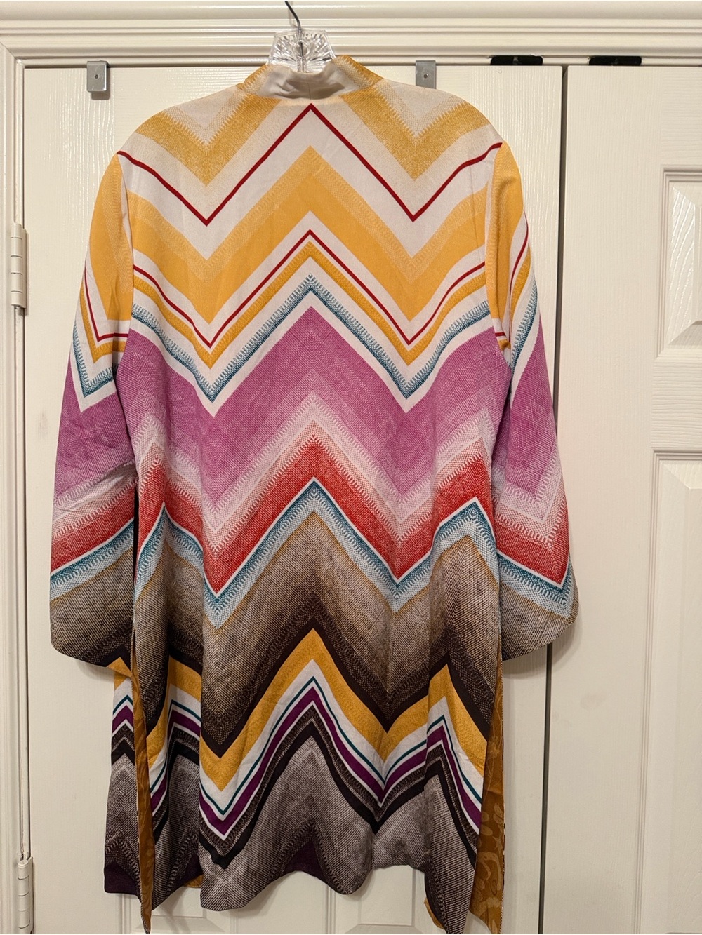 Chico's Reversible Mustard Floral Jacquard Open Kimono with Multicolor Chevron L - Picture 4 of 4